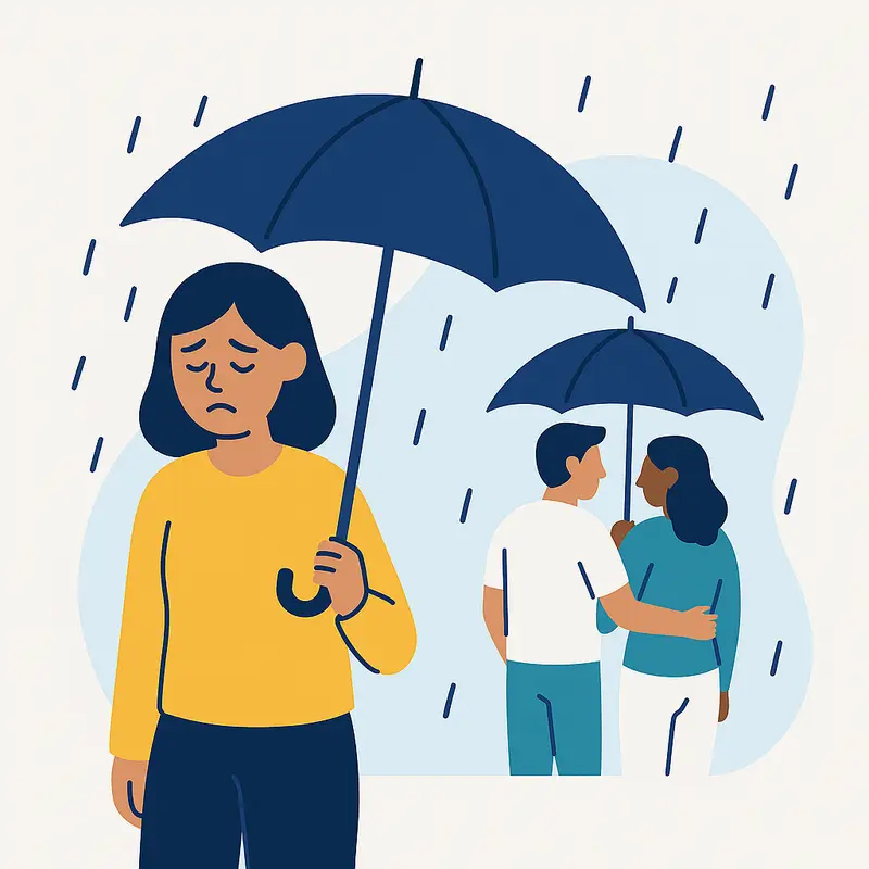A sad single woman holds her own umbrella while she observes a couple sharing an umbrella behind her.