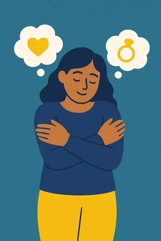 A woman hugs herself while thought bubbles show single icons, symbolising self-compassion and being content with being single.