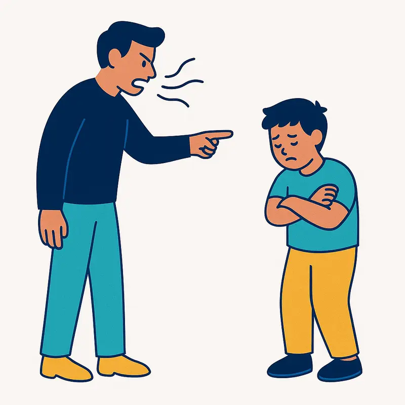 An adult angrily points and scolds a sad child, representing early criticism and harsh judgement.