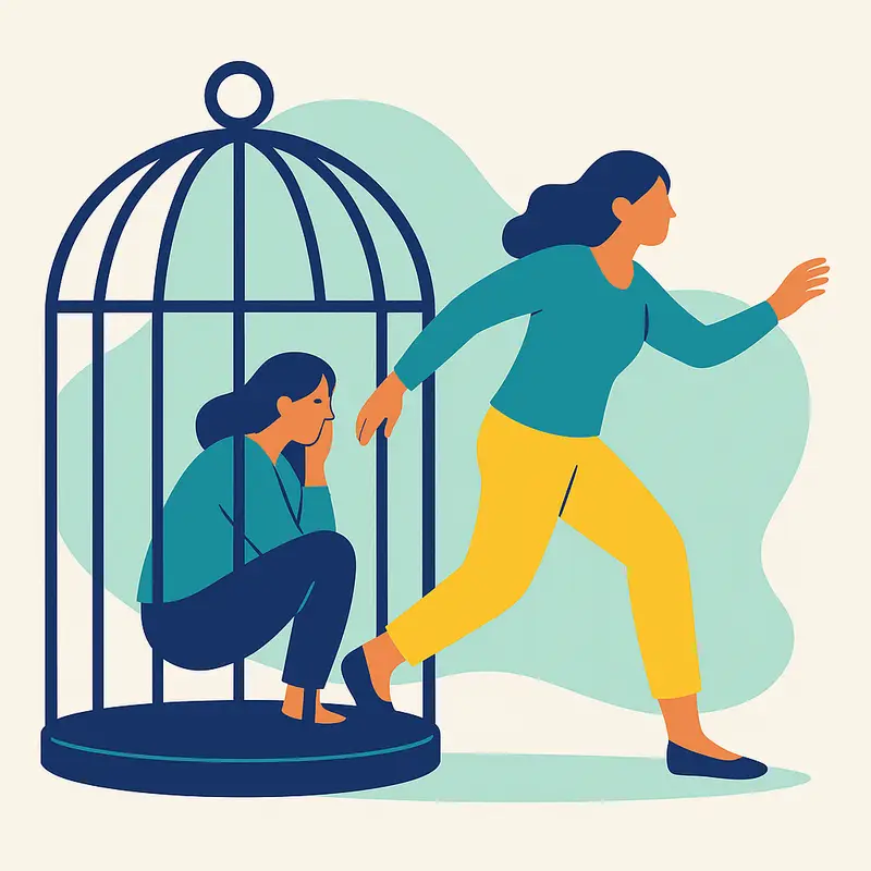 A person escapes from an open birdcage while another remains inside, illustrating breaking free from self‑limiting beliefs.