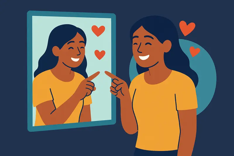 A smiling person points at their reflection in the mirror while hearts float around, representing self‑acceptance and self‑love.