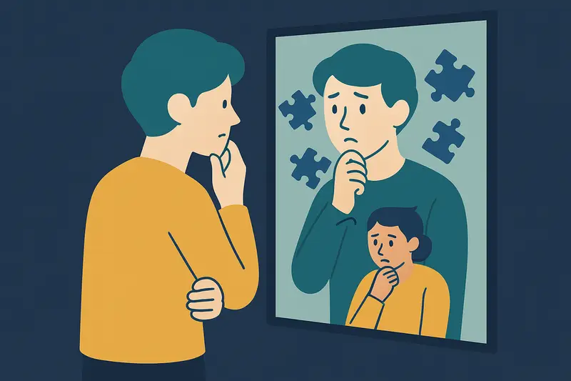 A person stands in front of a mirror looking at their reflection, surrounded by floating puzzle pieces, symbolising self‑doubt and confusion.