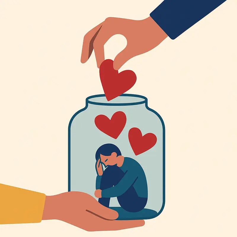 Hands gently place heart shapes into a jar that holds a small person, symbolising investing in self‑love and seeking support.