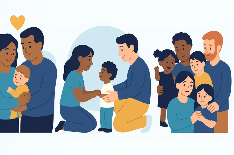 Diverse adoptive families with children gather together, representing social support and community.