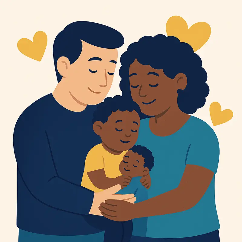 A joyful adoptive couple lovingly holds their baby with hearts in the background, symbolising love and belonging in adoption.