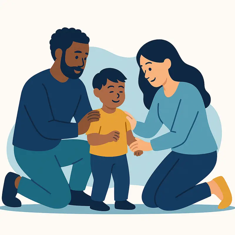 Adoptive parents kneel to gently support their young child as they walk, demonstrating trust and bonding.