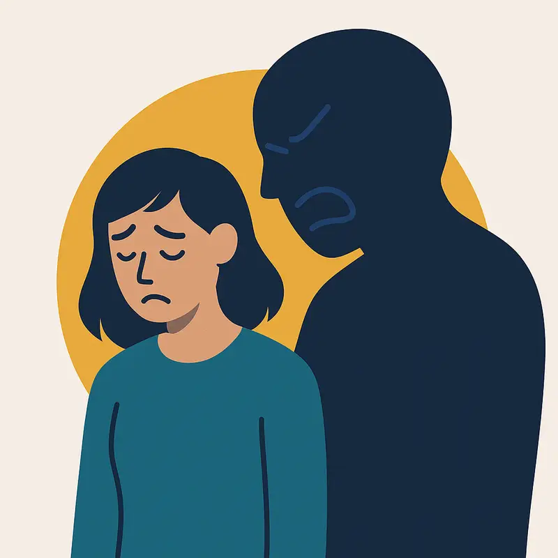 A sad woman bows her head while a large dark shadow looms angrily behind her, illustrating the impact of narcissistic abuse.