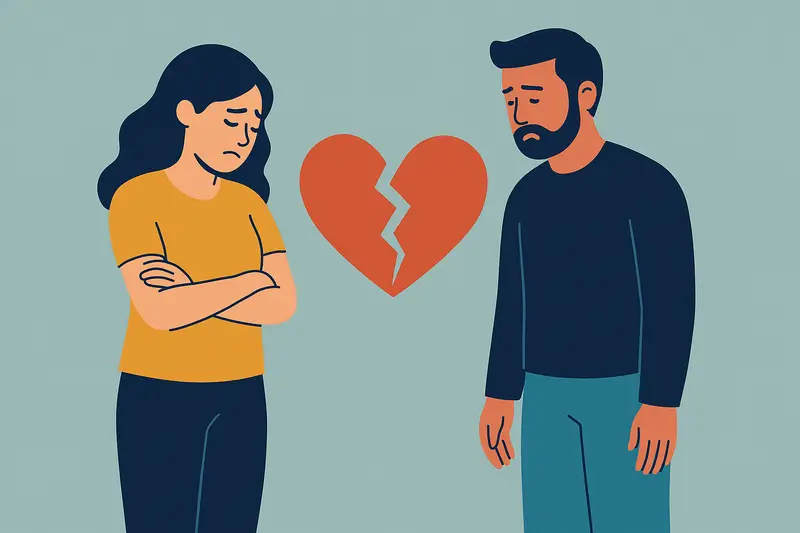 A sad man and woman stand apart with a broken heart between them, signifying the end of a relationship with a narcissist.