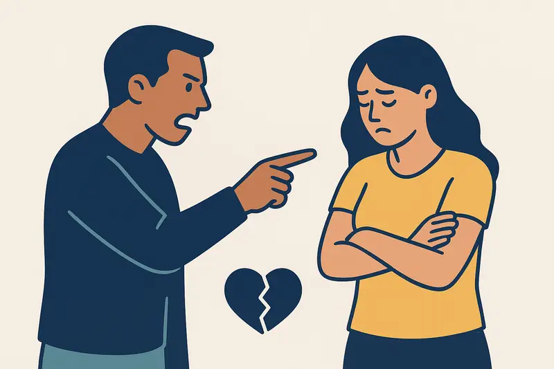 A man angrily points while a woman stands with arms crossed, depicting the need to set boundaries and say no to a narcissist.
