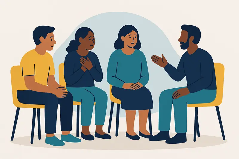A group of people sit in a circle, sharing and listening to one another in a support group.