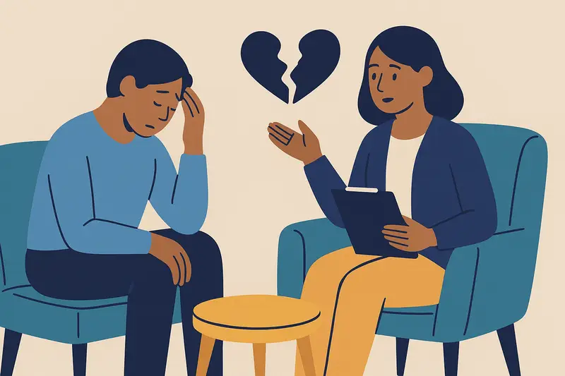 In a therapy session, a professional counsellor talks to a distressed person with a broken heart symbol between them, representing professional support after leaving a narcissist.