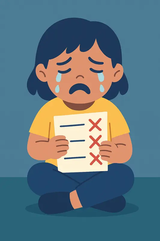 A distressed child cries while clutching a marked piece of paper, illustrating the emotional toll of OCD rituals.