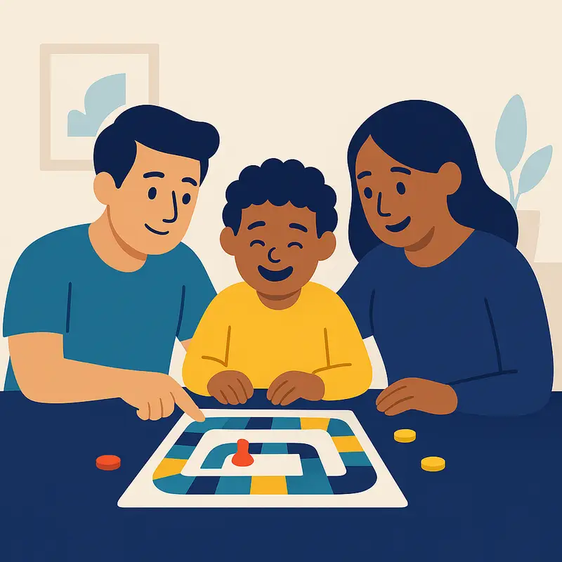Parents sit with their child around a table, offering encouragement and positive reinforcement to manage OCD.