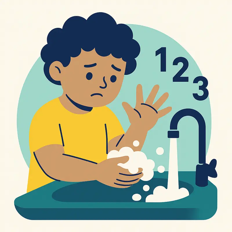 A child repeatedly washes their hands while counting on their fingers, depicting obsessive hand‑washing behaviours.