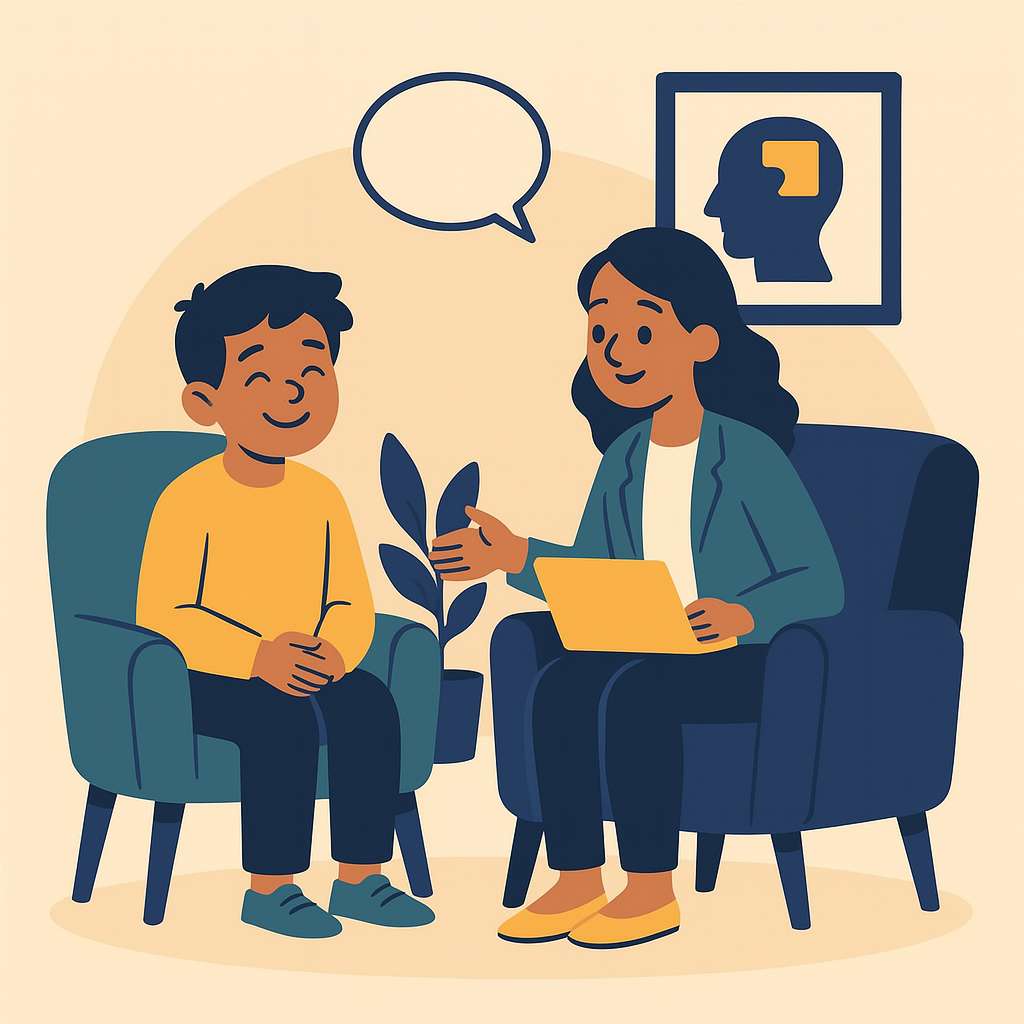 A child sits with a therapist in a counselling session, working together to address OCD.