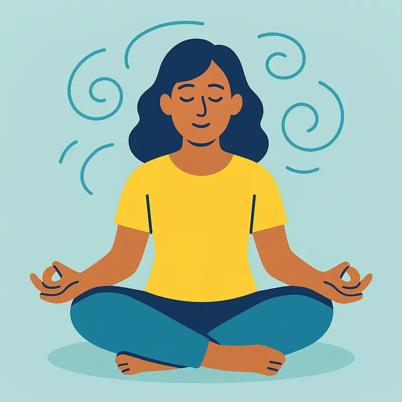 A woman sits cross‑legged with her eyes closed and hands resting on her knees, practising deep breathing.
