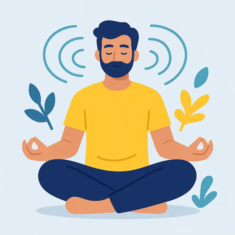 A man sits cross‑legged with his eyes closed and hands resting on his knees as leaves and calming waves surround him.