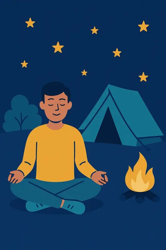 A young man sits peacefully near a campfire with a tent behind him under a starry sky, visualising a safe, calming place.