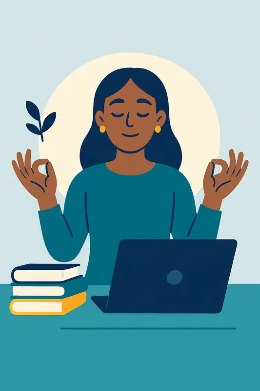 A woman takes a mindful break at her desk, raising her hands in a meditation pose while her laptop and books sit in front of her.