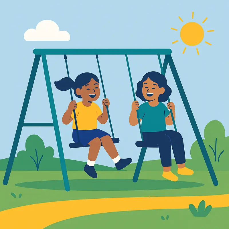 Two smiling girls swing side by side on a playground, embodying carefree relaxation and play.