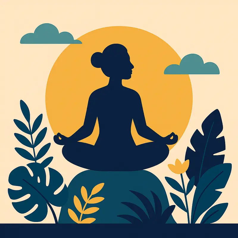 A silhouette of a woman meditates cross-legged on a rock among tropical plants with a setting sun behind her.