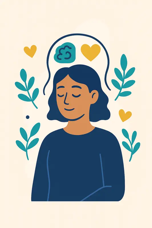 A serene person with closed eyes shows stylised brain and heart icons above their head surrounded by leaves.