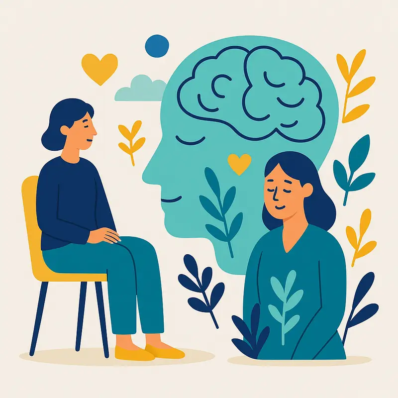 A person sits calmly on a chair and gazes at a large brain-shaped graphic with a human face surrounded by hearts and leaves.
