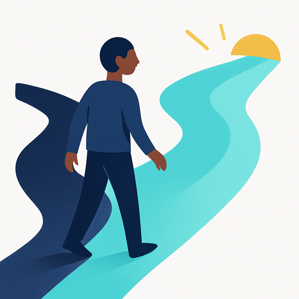 Stylized vector illustration of a person at a crossroads, choosing a brighter path over a shadowed one, symbolizing facing avoidance.