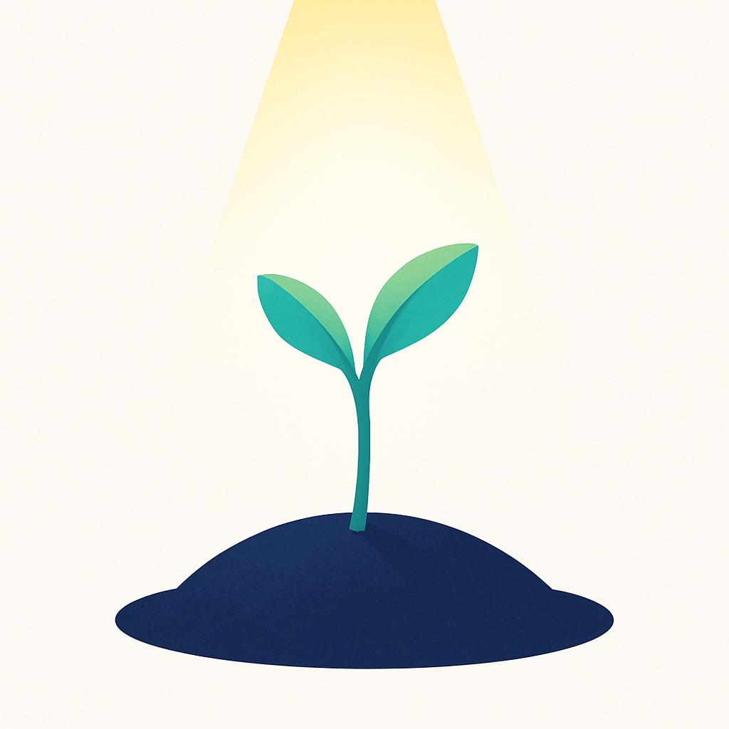 Minimalist vector art of a small, vibrant green shoot emerging from dark soil, reaching towards a soft light source above.