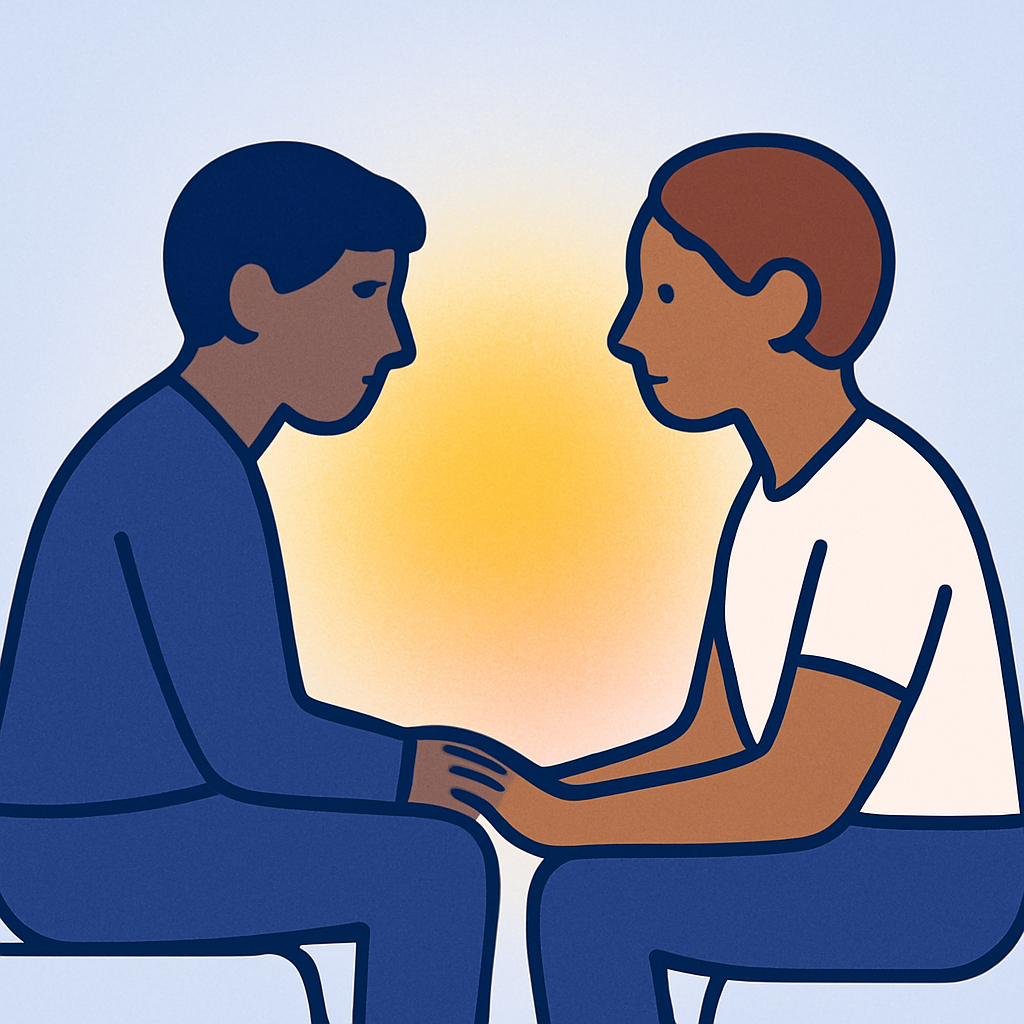 Vector illustration of two stylized, diverse figures subtly connecting, with a warm light glowing between them, symbolizing support.