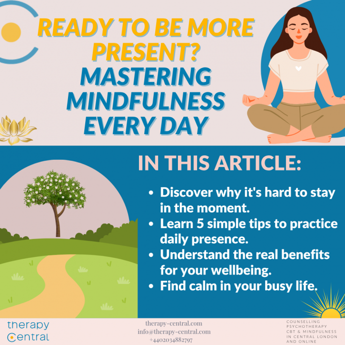 Featured image for Therapy Central article on Mastering Mindfulness, showing concepts of being present and daily practice.