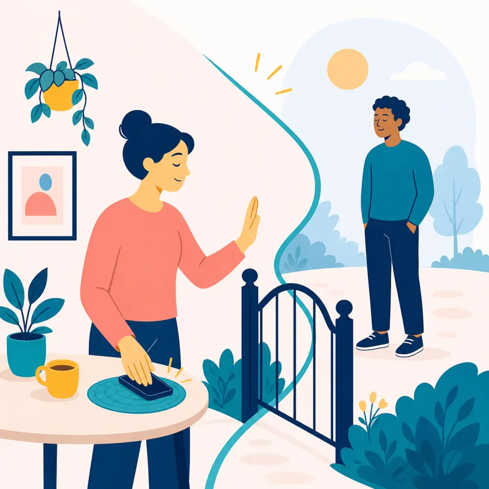 Breakup Boundaries Letting Go Person calmly saying goodbye across a garden gate, representing healthy distance after a breakup.