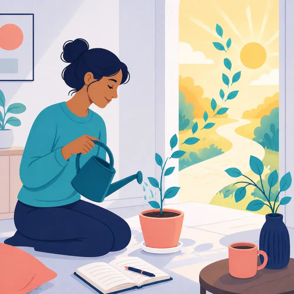 Breakup Growth New Future Person watering a small plant beside a bright window, representing growth and rebuilding after a breakup.
