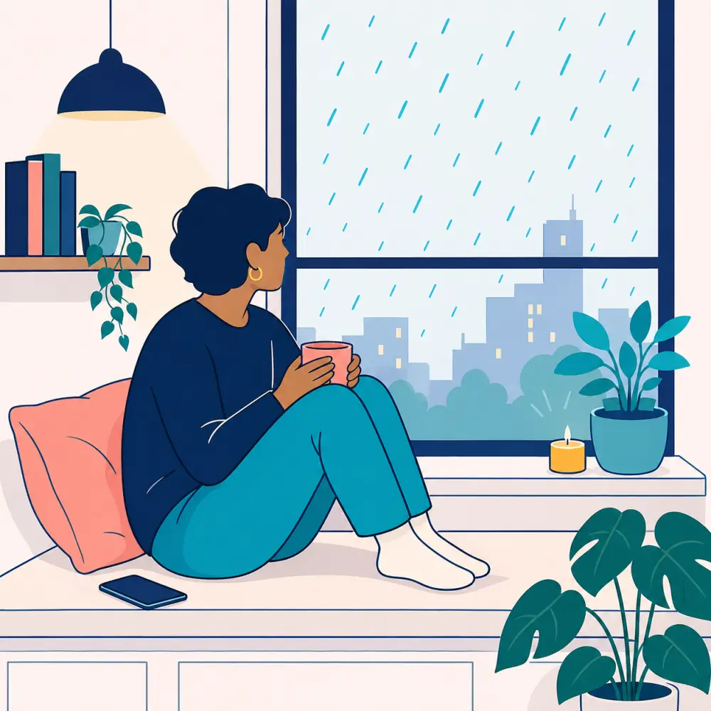 Breakup Healing Rainy Window Reflection Person sitting by a rainy window with a mug, reflecting quietly after a breakup.