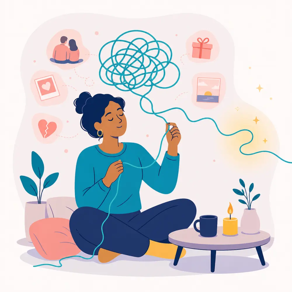 Breakup Rumination Untangling Thoughts Person gently untangling a knot of thoughts, representing breakup rumination and emotional processing.