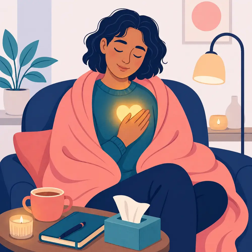 Breakup Self Compassion Heart Person wrapped in a blanket with a hand over their heart, representing self-compassion after heartbreak.