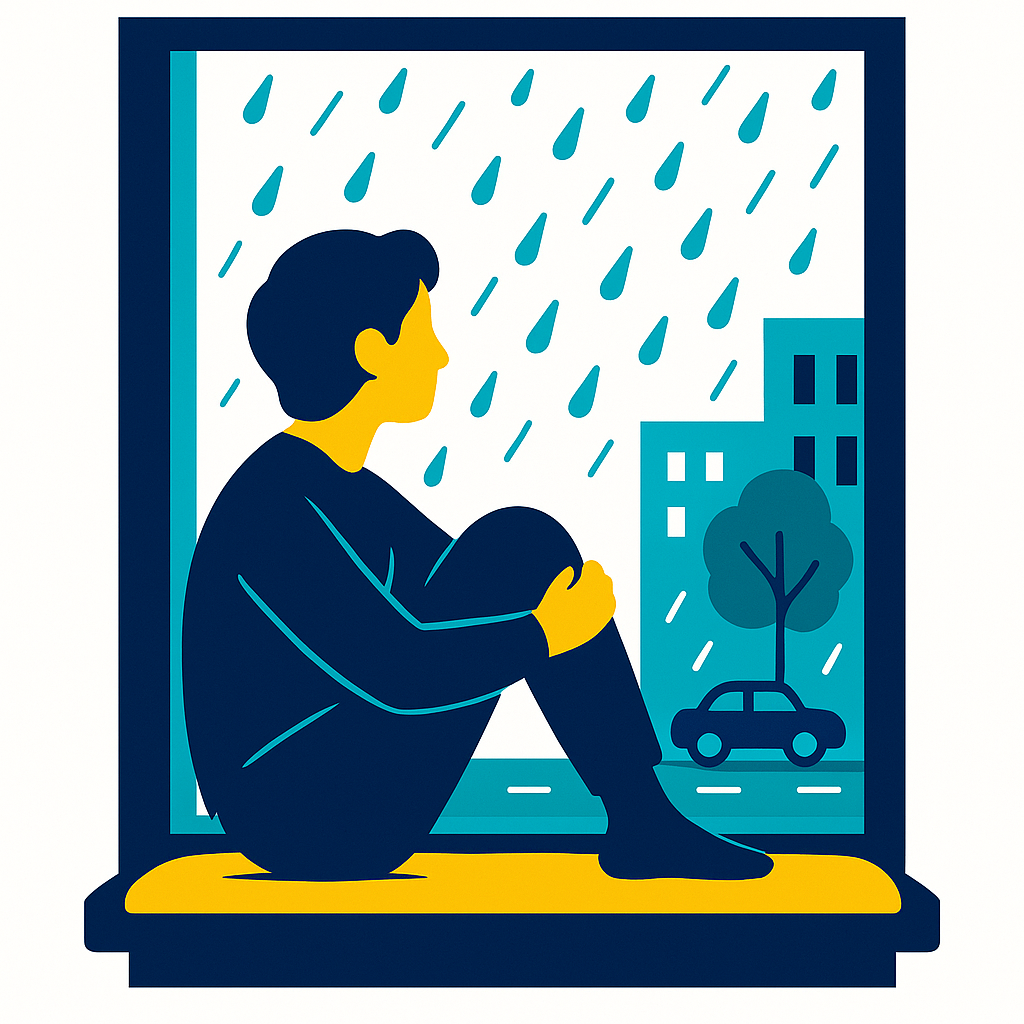 A minimalist illustration of a person sitting by a window on a rainy day, looking out thoughtfully, conveying a sense of calm reflection after a breakup.