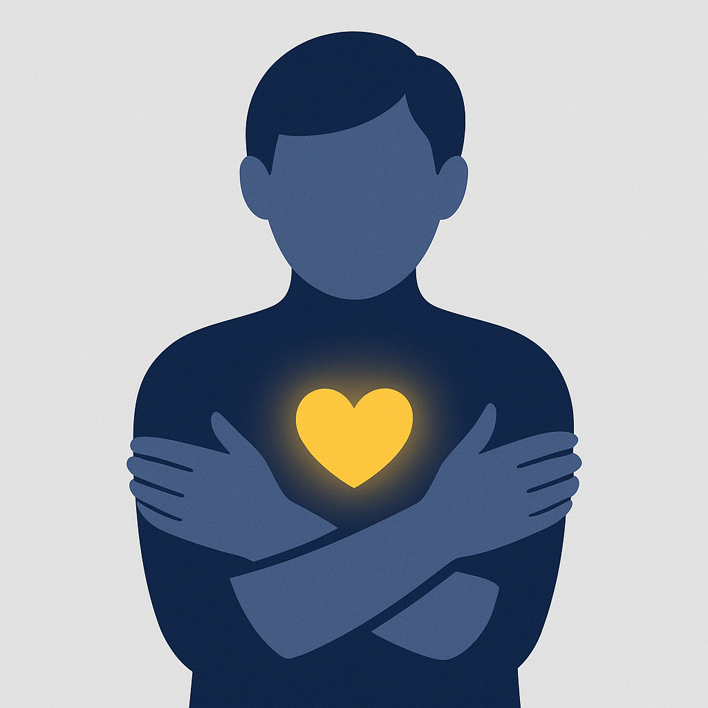 An illustration of a person giving themselves a gentle hug, with a small, glowing heart in Accent Yellow, symbolizing self-compassion and self-care.