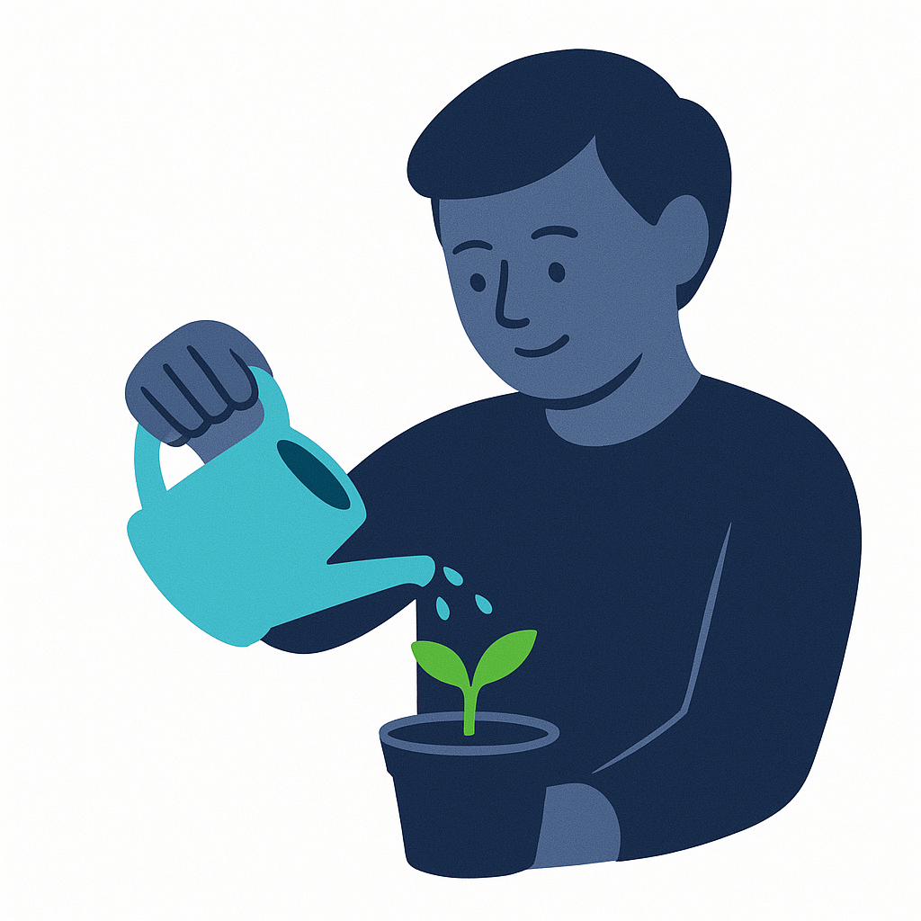 A vector illustration of a person watering a small, sprouting plant, symbolizing personal growth and building a new future after a breakup.