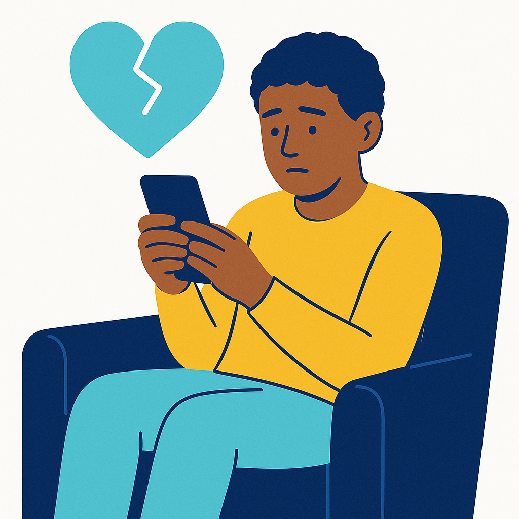 A minimalist illustration of a person looking at their phone with a sad heart icon floating above it, representing the pain of seeing a message from someone you're trying to get over.