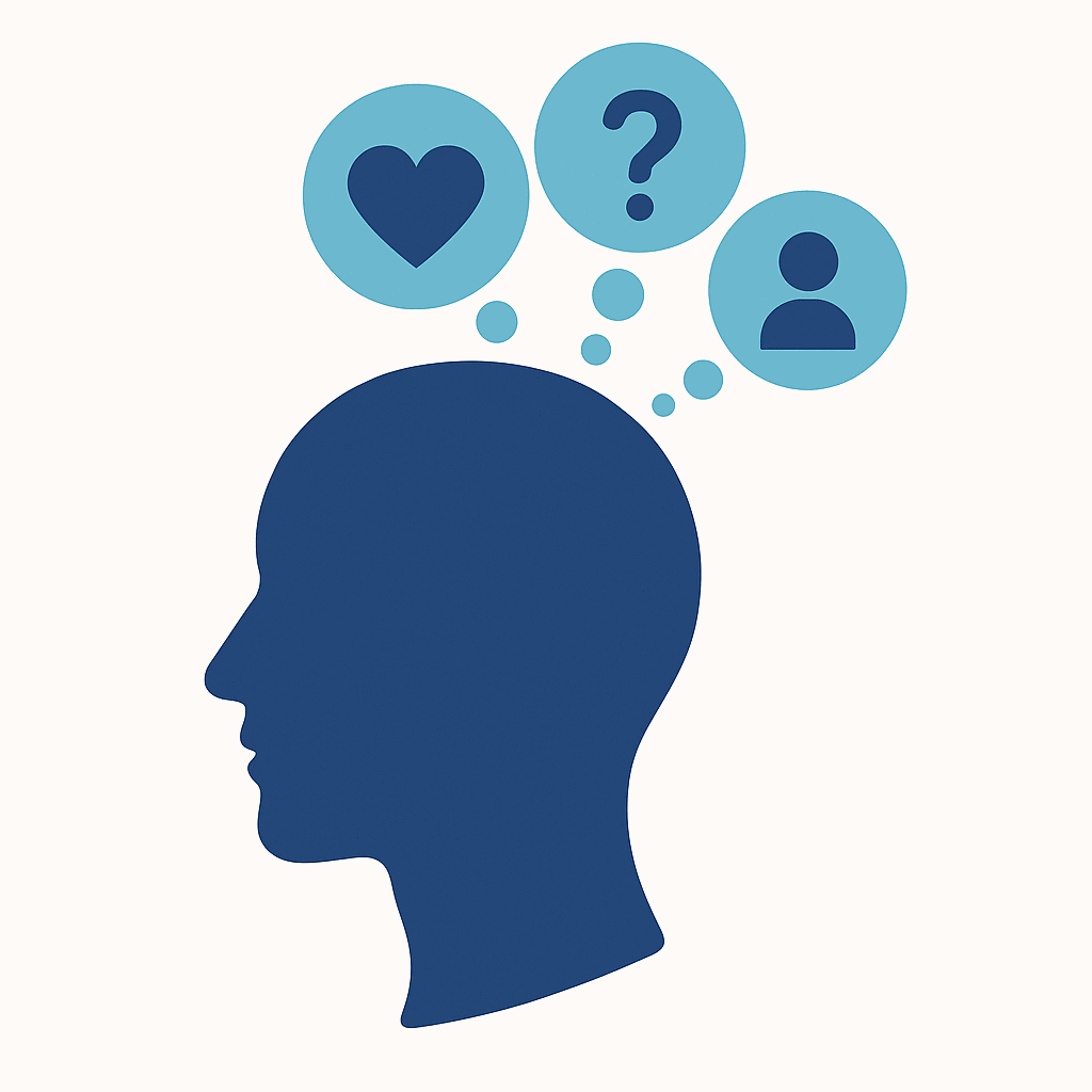 A simple diagram showing a person's head with thought bubbles containing a heart, a question mark, and a smaller version of another person, illustrating the concept of limerence and obsessive thoughts.