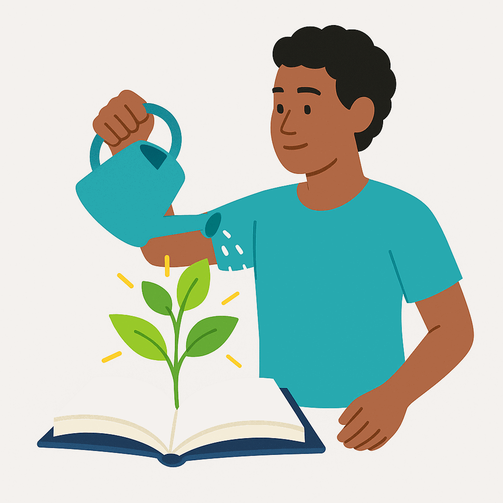 An illustration of a person watering a plant that is growing out of a book, symbolizing self-care, personal growth, and reinvesting in oneself.