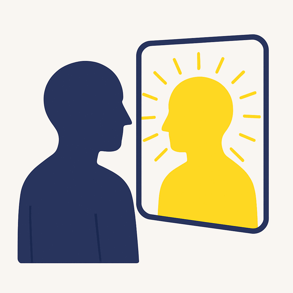 An empowering illustration of a person standing tall and looking in a mirror, with their reflection showing a glowing, confident version of themselves.