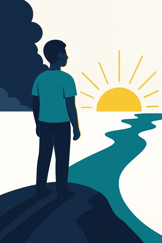 Person looking forward toward bright sunrise, leaving shadowy past behind, symbolising hope and moving forward