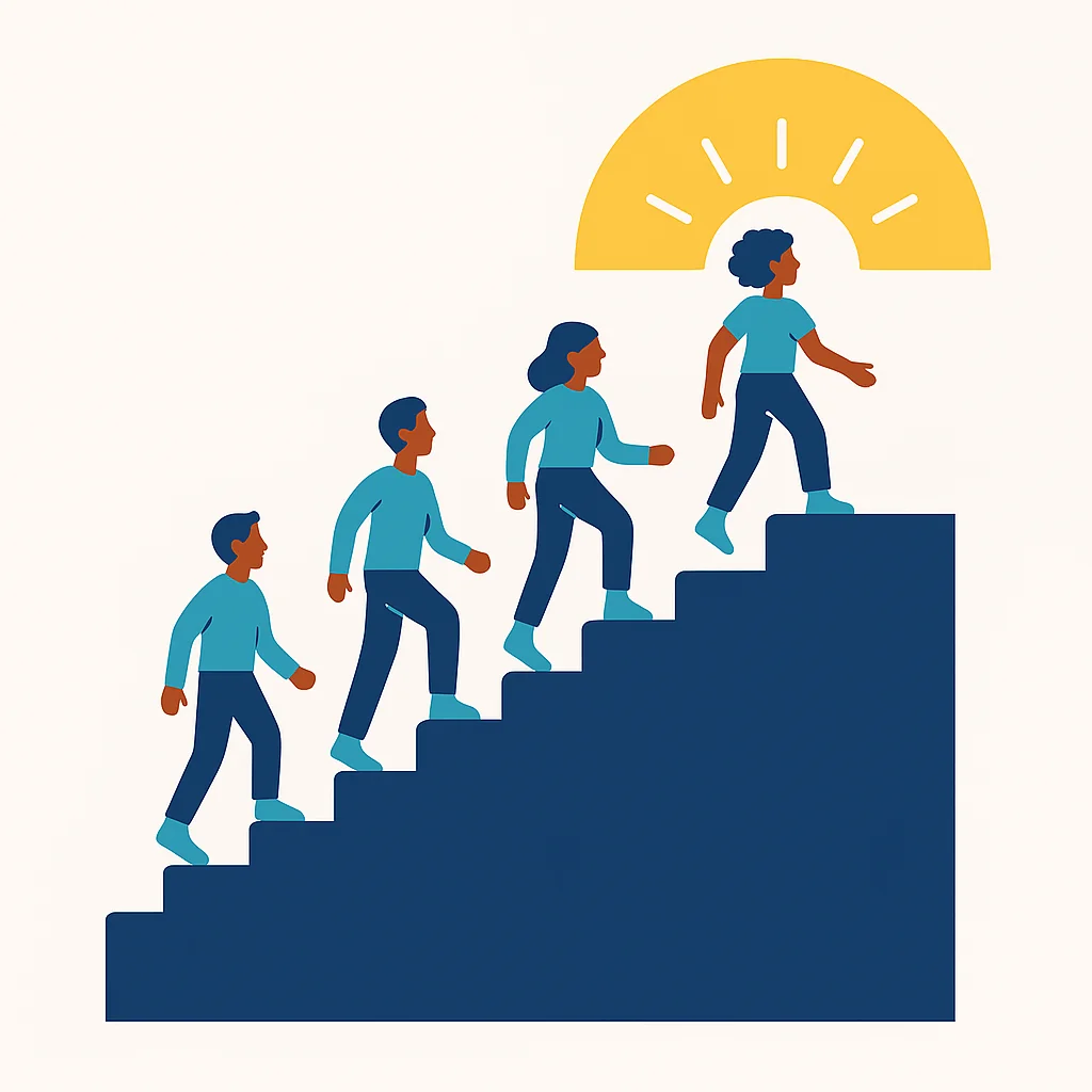 Ascending staircase with diverse people climbing toward light, representing step-by-step progress and growth