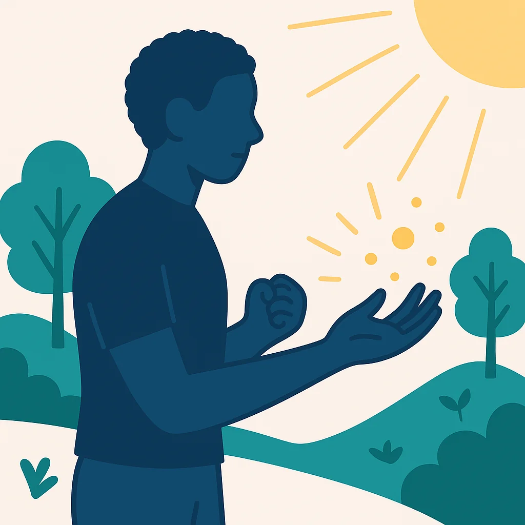 Person with clenched fists gradually opening to release light energy, symbolising anger transformation and emotional release