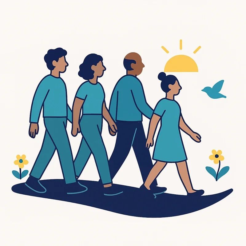 Group of diverse people walking together on path toward bright horizon, representing community support and moving forward