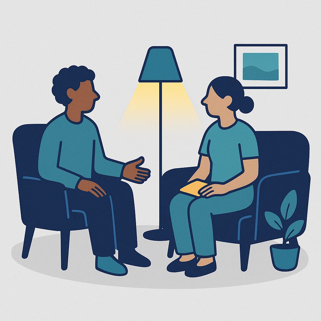 Therapist and client in calming consultation room, representing professional mental health support and healing