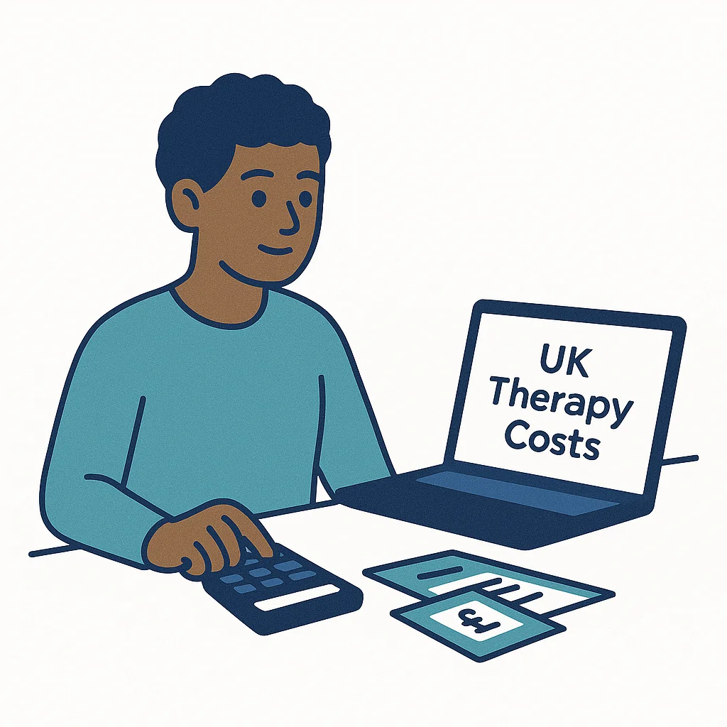 Person calculating therapy costs at home with calculator and laptop showing UK therapy pricing information