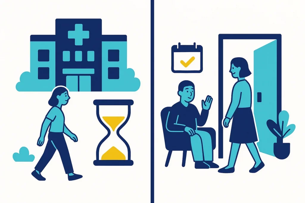 Split screen comparison showing NHS and private therapy pathways with waiting times and costs illustrated